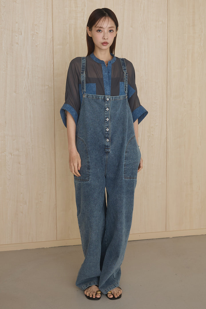 [SET]シアーレイヤーデザインカットソー+フロントボタンデニムサロペット(2set)