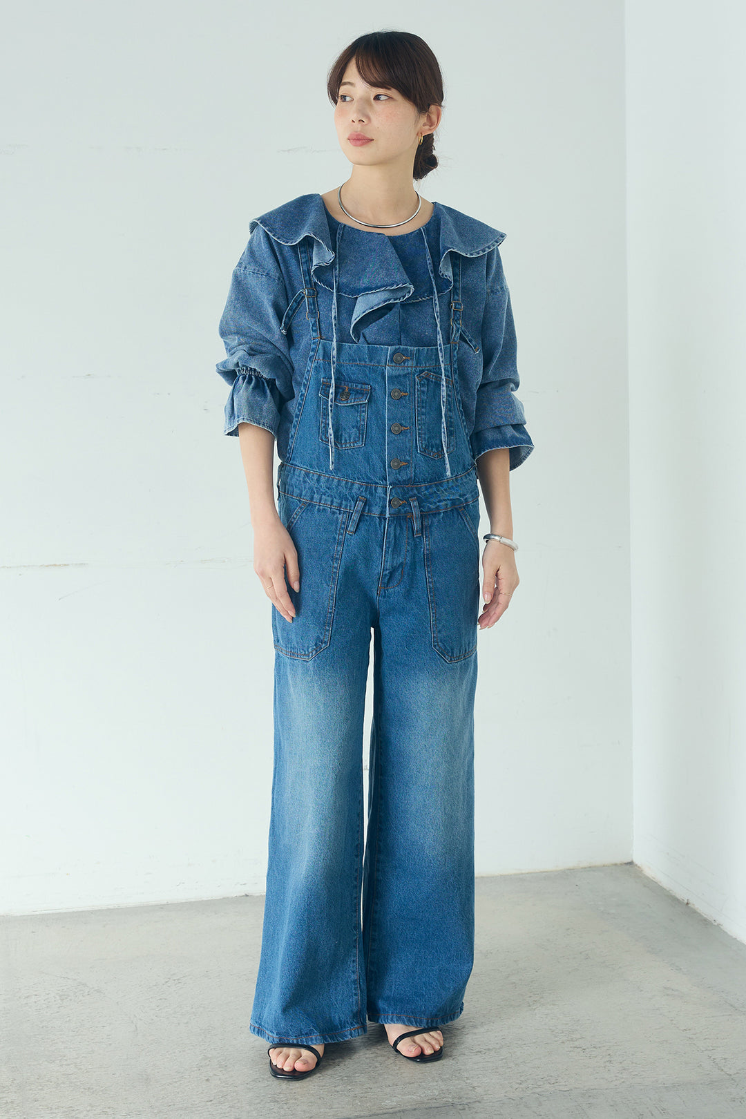 [SET]デニムフリルブラウス+デニムサロペットワイドパンツ(2set)