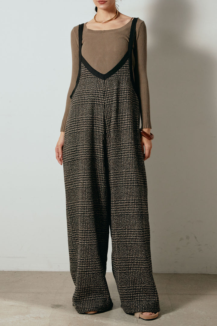 [SET]ケーブルカシュクールニットトップス+前後2wayグレンチェック柄スカーチョサロペット(2set)