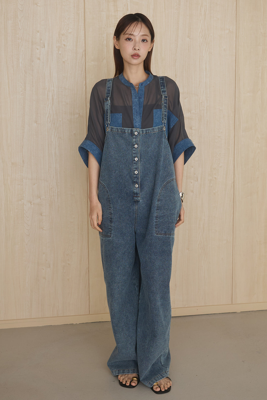 [SET]メッシュテーラードワイドジャケット+フロントボタンデニムサロペット(2set)