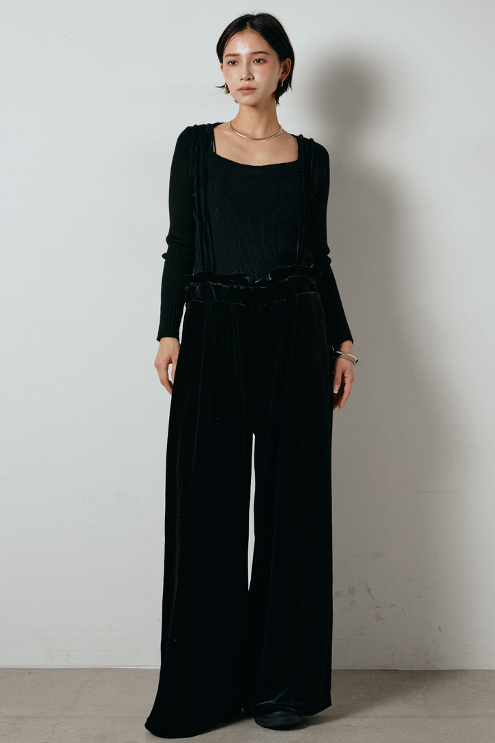 [SET]ループ編みVネックニットカーディガン+ベロアサスペンダー付きパンツ(2set)