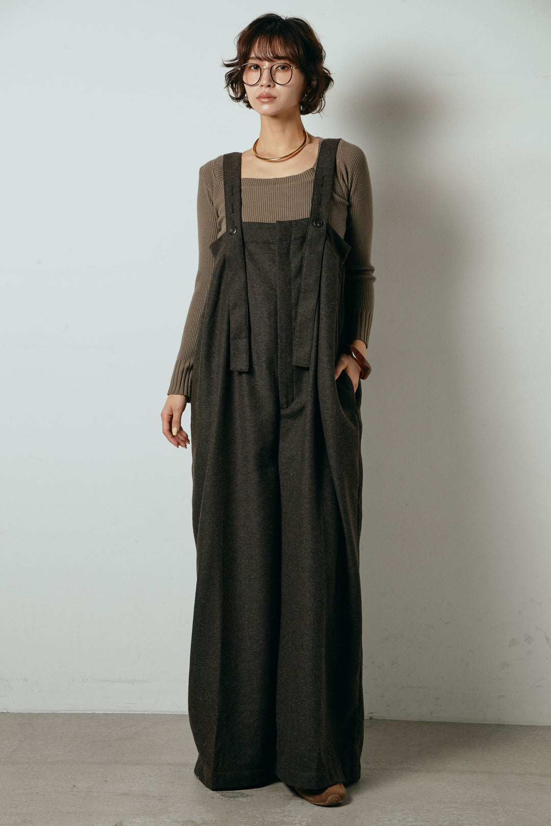 ウール混フランネルワイドサロペット