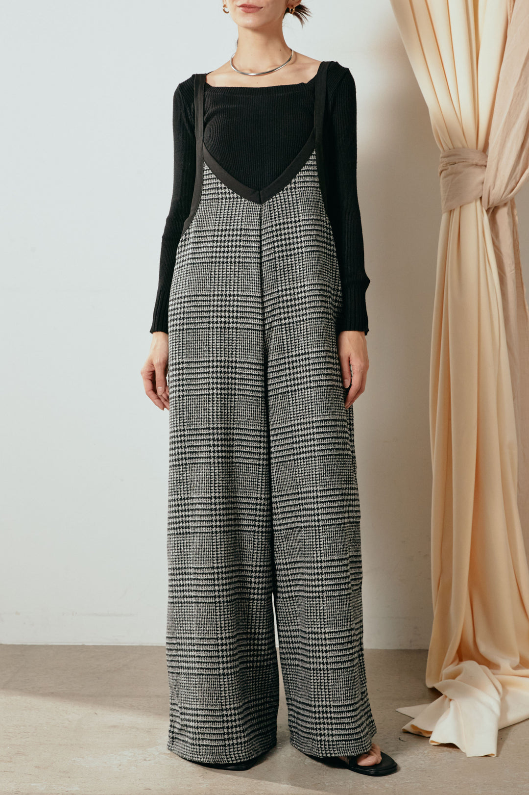 前後2wayグレンチェック柄スカーチョサロペット