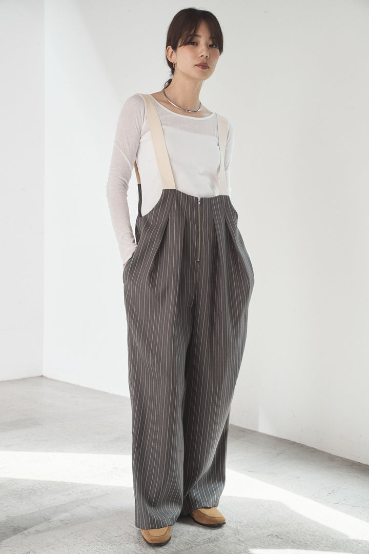 [SET]フロントリボンフリルブラウス+ピンストライプツータックサロペット(2set)