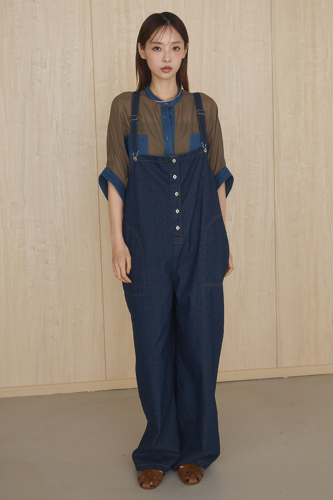 [SET]デニムライクビッグツーポケシアーシャツ+フロントボタンデニムサロペット(2set)