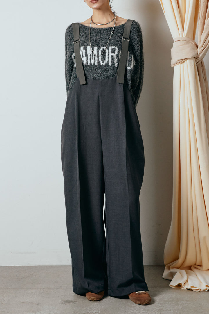 [SET]起毛ノルディック柄ニットカーディガン+ワイドツイルサロペット(2set)