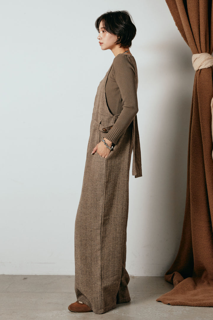 [SET]フリンジタートルショートニット+クラシックヘリンボーンサロペット(2set)