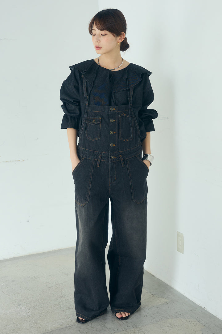 デニムサロペットワイドパンツ