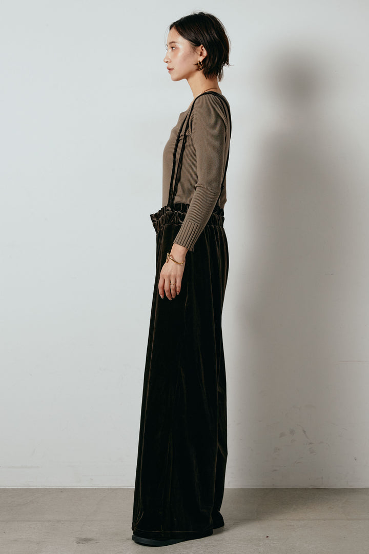 [SET]ループ編みVネックニットカーディガン+ベロアサスペンダー付きパンツ(2set)