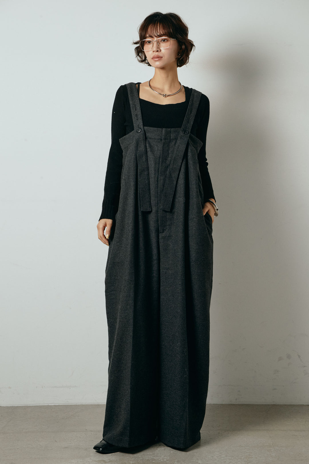 [SET]シャギーボーダー柄ニットカーディガン+ウール混フランネルワイドサロペット(2set)