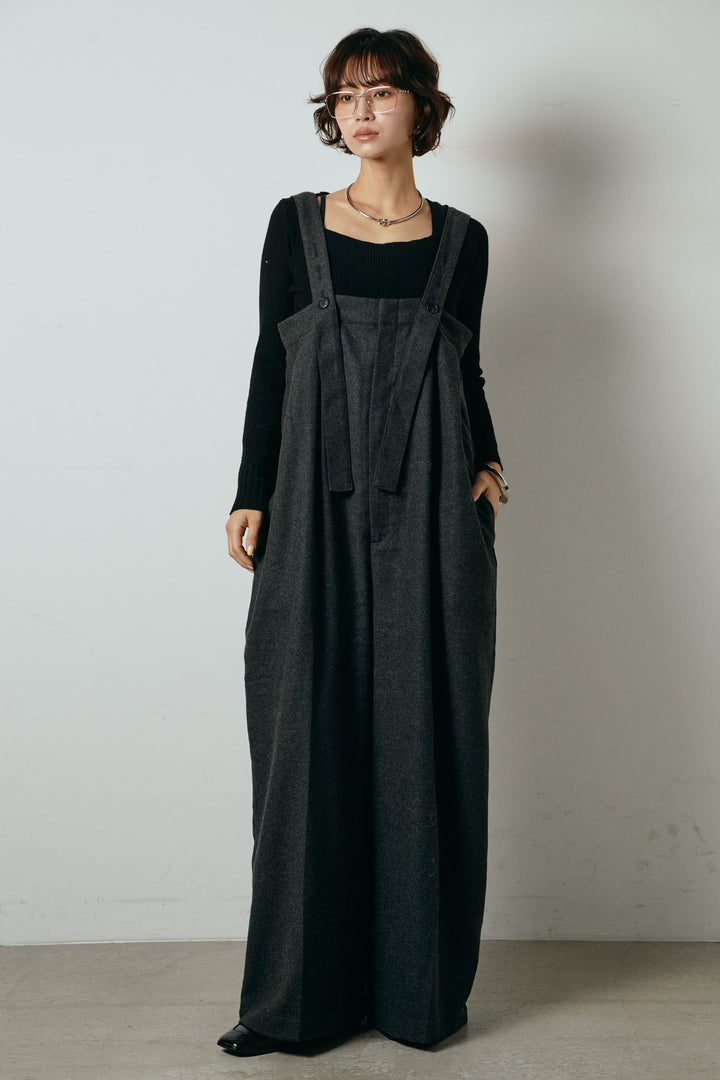 [SET]シャギーボーダー柄ニットカーディガン+ウール混フランネルワイドサロペット(2set)