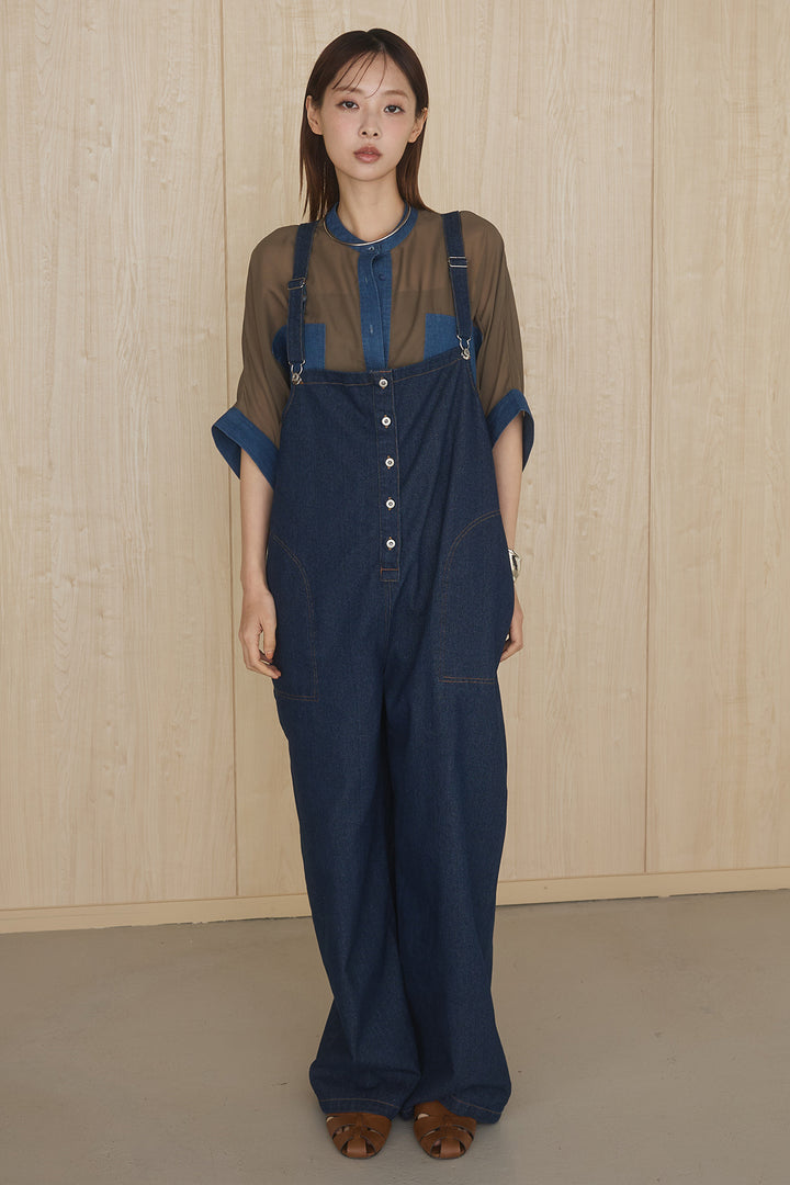 [SET]シアーレイヤーデザインカットソー+フロントボタンデニムサロペット(2set)