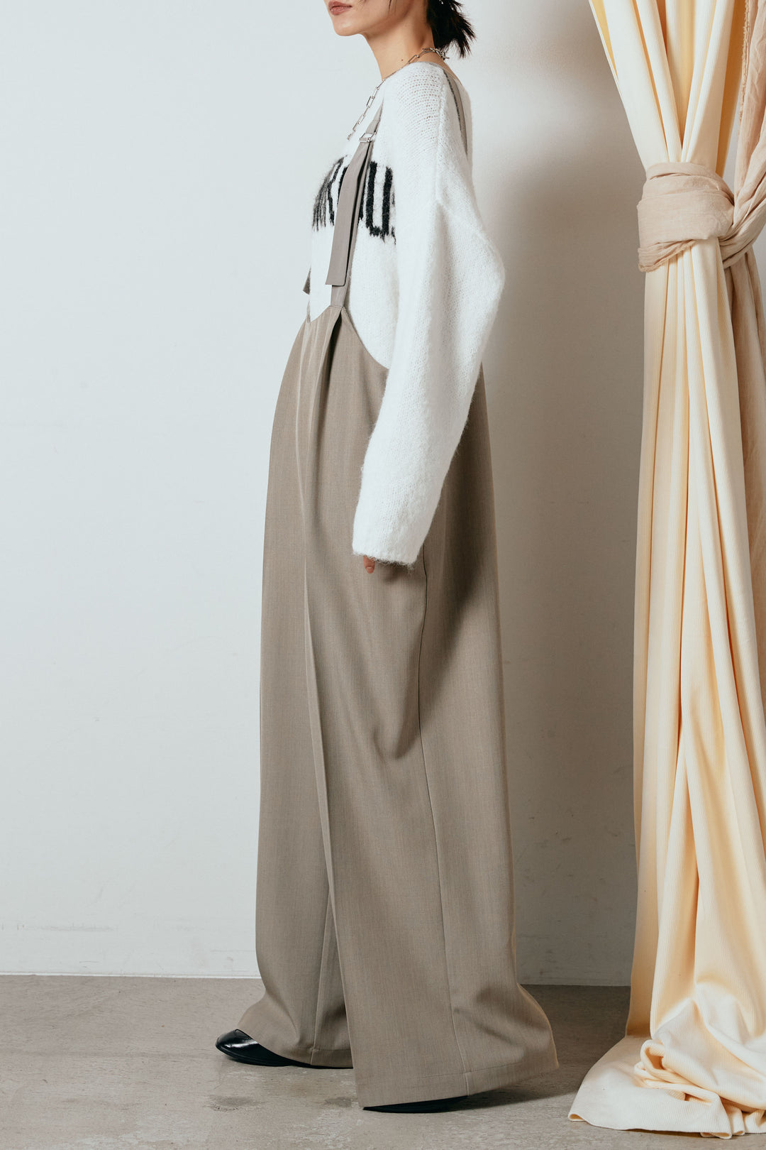 [SET]起毛ノルディック柄ニットカーディガン+ワイドツイルサロペット(2set)