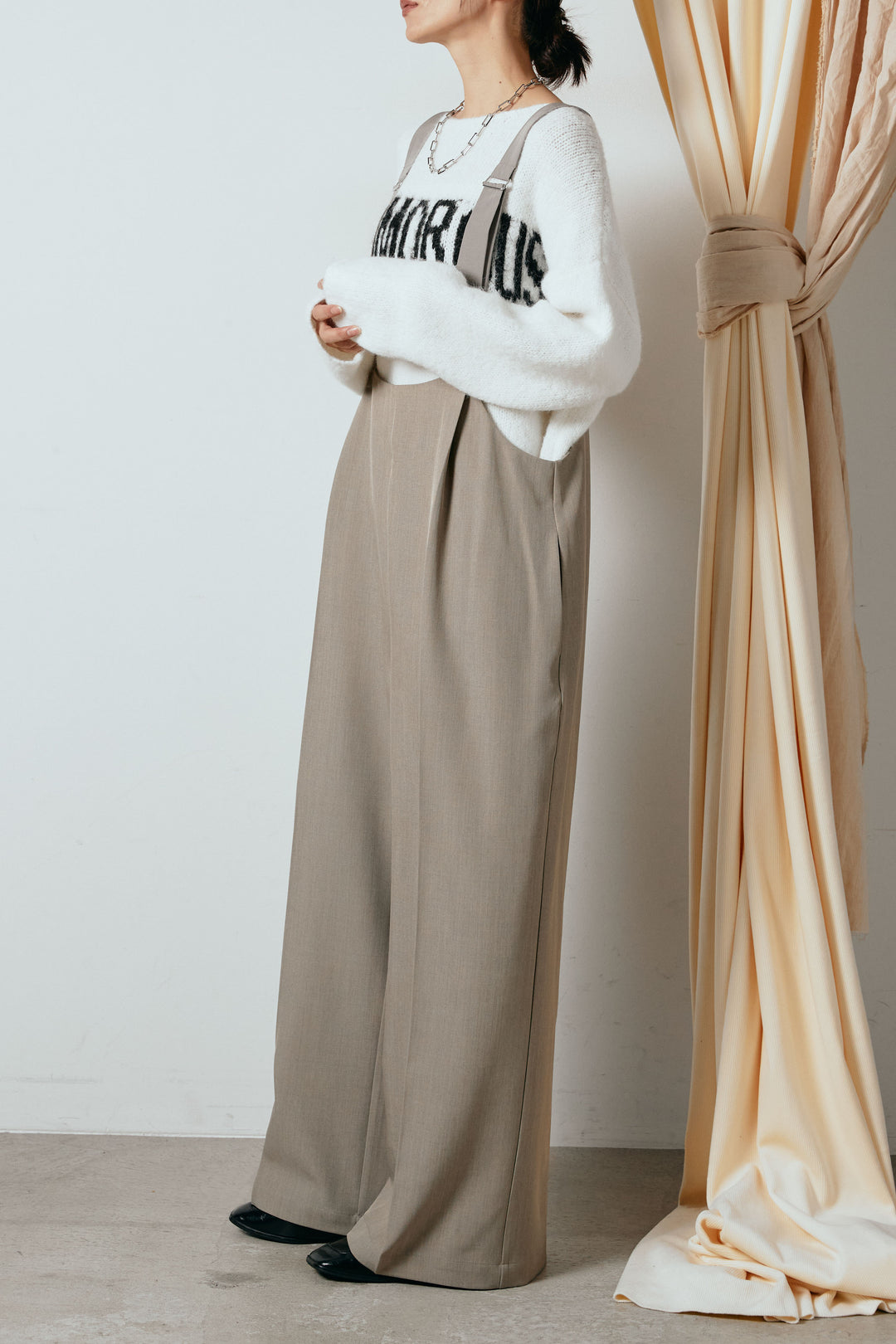 [SET]起毛ノルディック柄ニットカーディガン+ワイドツイルサロペット(2set)