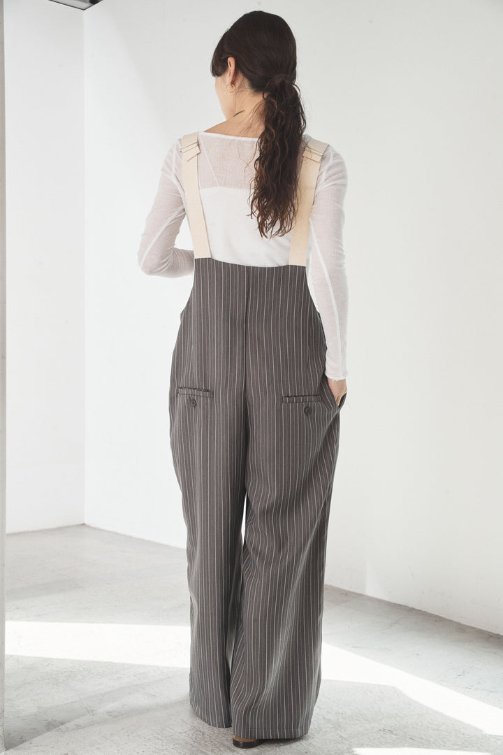 [SET]フロントリボンフリルブラウス+ピンストライプツータックサロペット(2set)