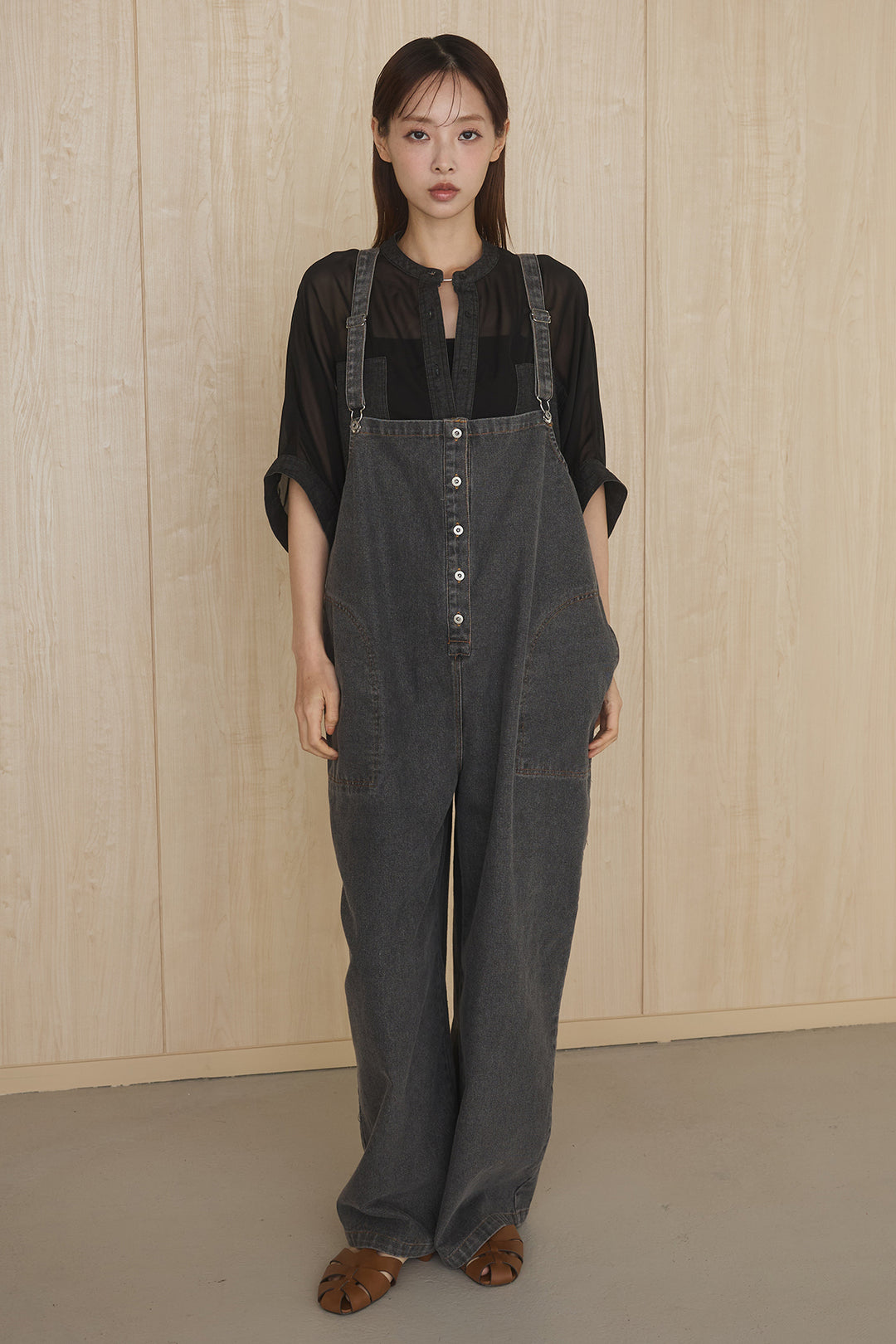 [SET]デニムライクビッグツーポケシアーシャツ+フロントボタンデニムサロペット(2set)