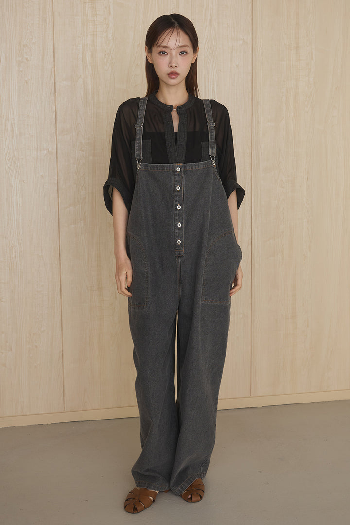 [SET]デニムライクビッグツーポケシアーシャツ+フロントボタンデニムサロペット(2set)