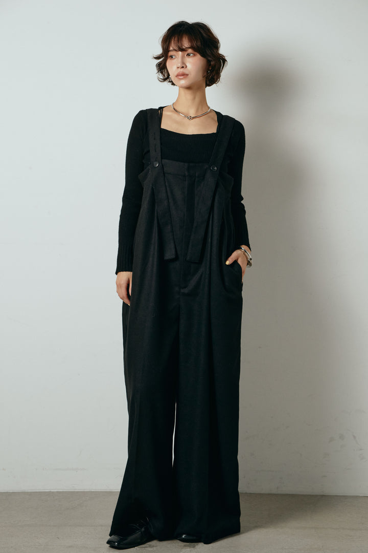 [SET]シャギーボーダー柄ニットカーディガン+ウール混フランネルワイドサロペット(2set)