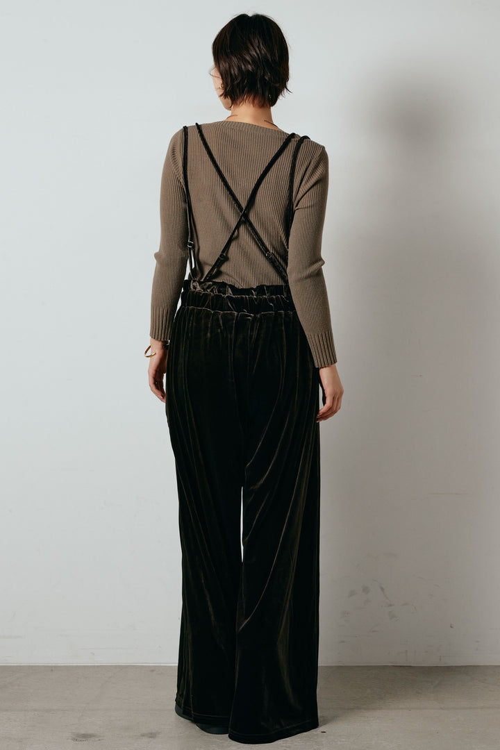 [SET]ループ編みVネックニットカーディガン+ベロアサスペンダー付きパンツ(2set)