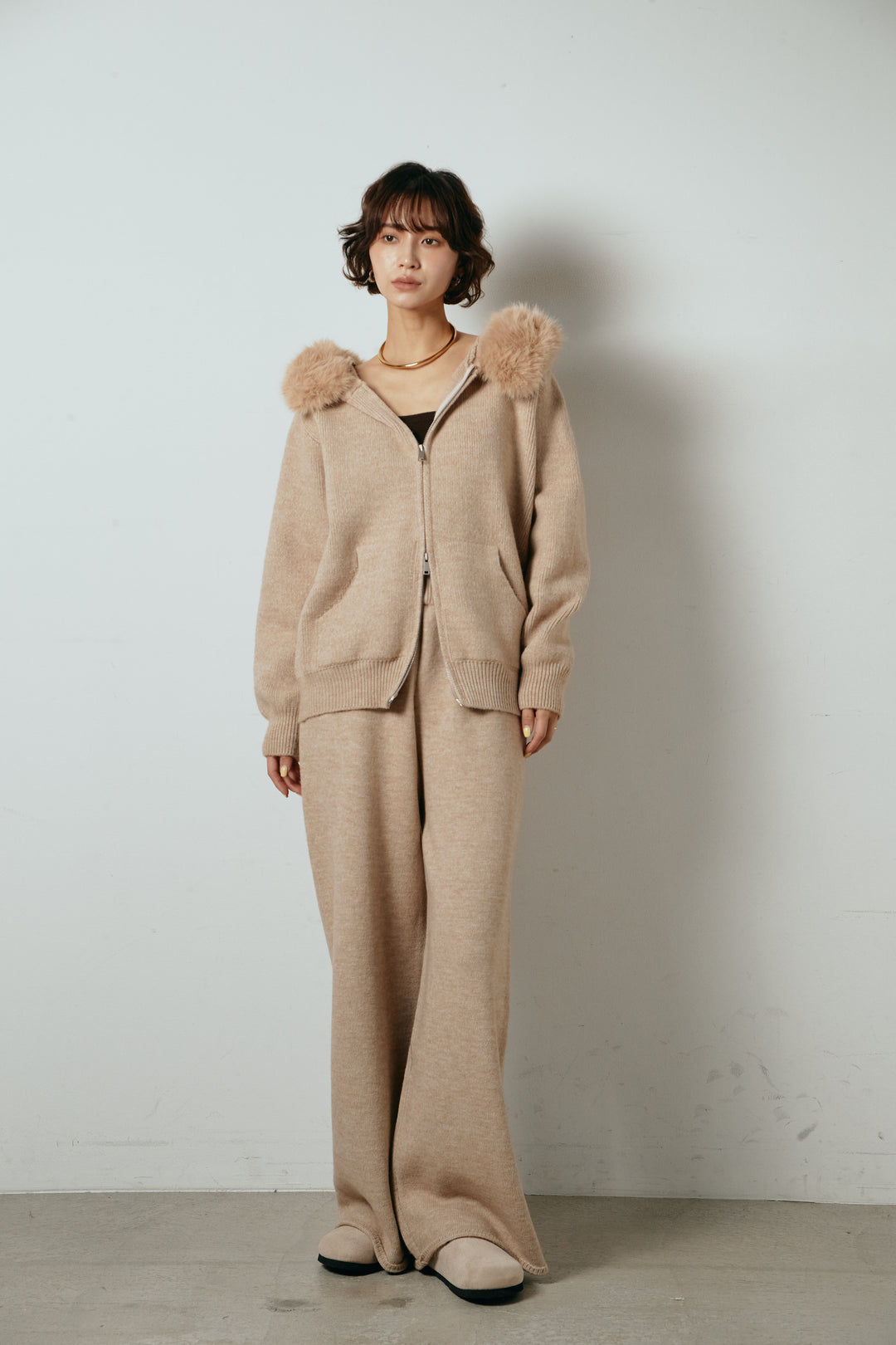 【着回しセット】[SET]ファー付きフーディーニットSETUP+ストライプドッキングニットポロSETUP(2set)