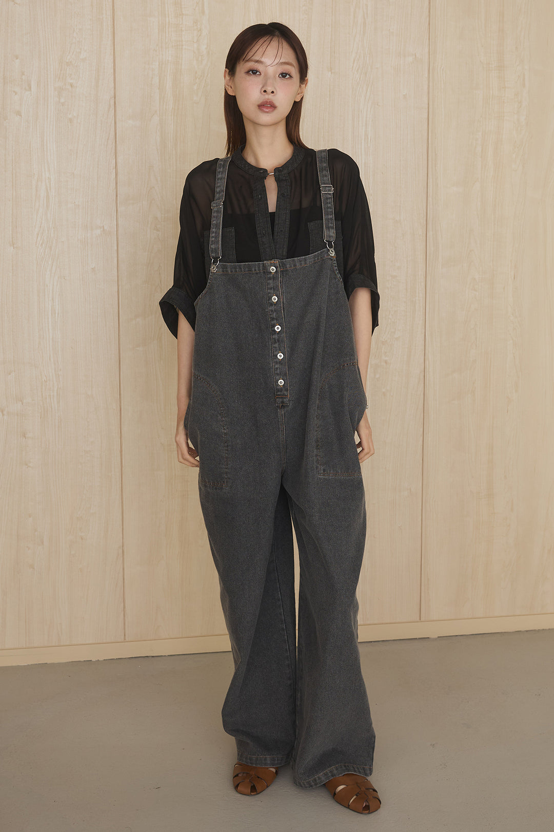 [SET]メッシュテーラードワイドジャケット+フロントボタンデニムサロペット(2set)