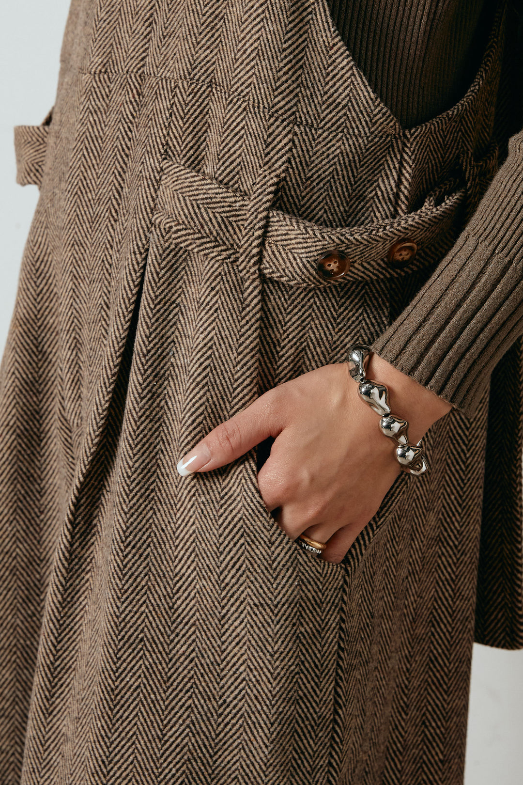 [SET]フリンジタートルショートニット+クラシックヘリンボーンサロペット(2set)