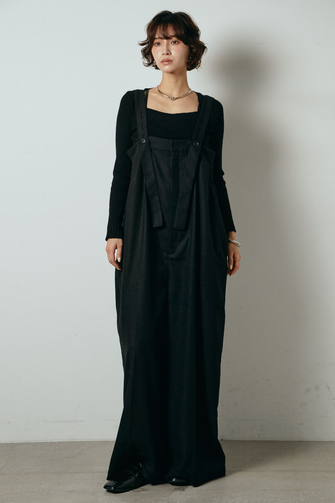 ウール混フランネルワイドサロペット