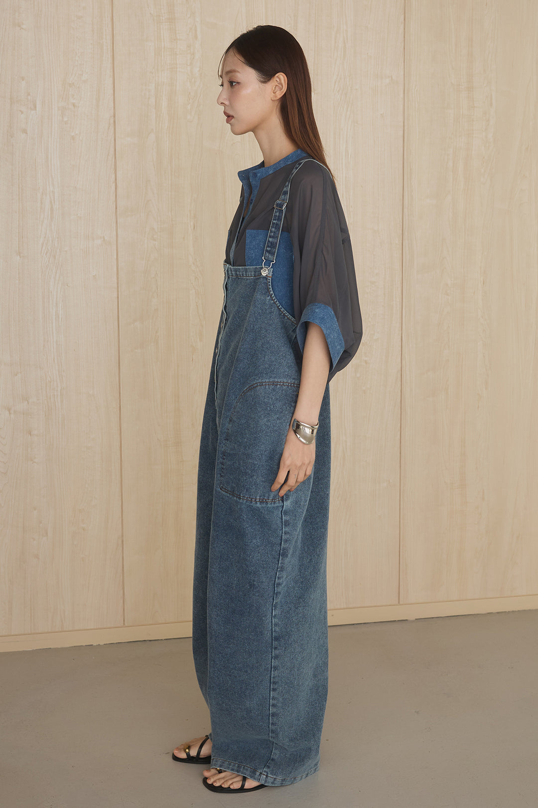 [SET]シアーレイヤーデザインカットソー+フロントボタンデニムサロペット(2set)