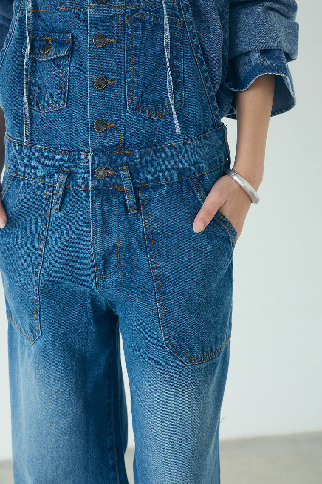 [SET]コットンフリルブラウス+デニムサロペットワイドパンツ(2set)