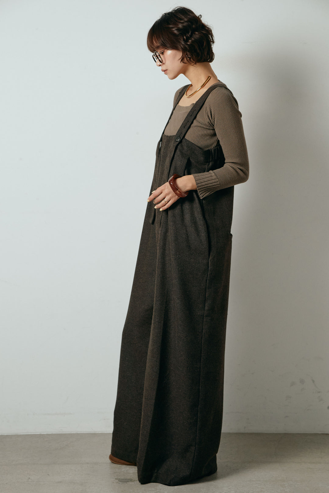 ウール混フランネルワイドサロペット