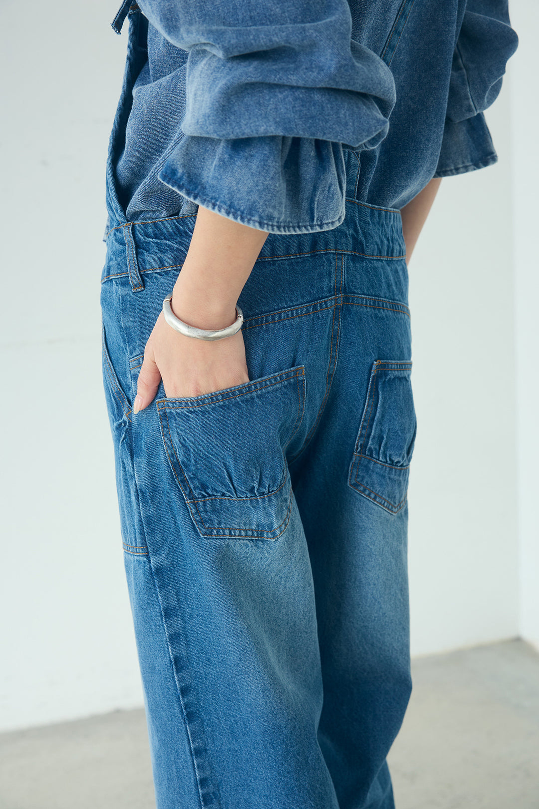 [SET]レースビックカラージャケット+デニムサロペットワイドパンツ(2set)