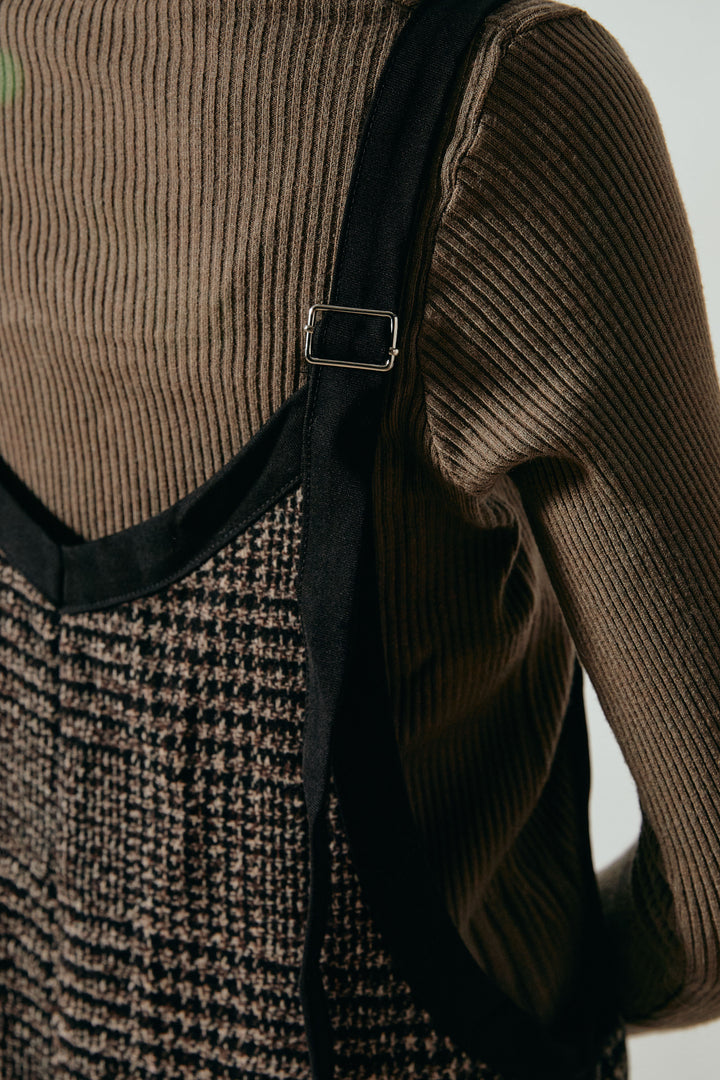 [SET]ケーブルカシュクールニットトップス+前後2wayグレンチェック柄スカーチョサロペット(2set)