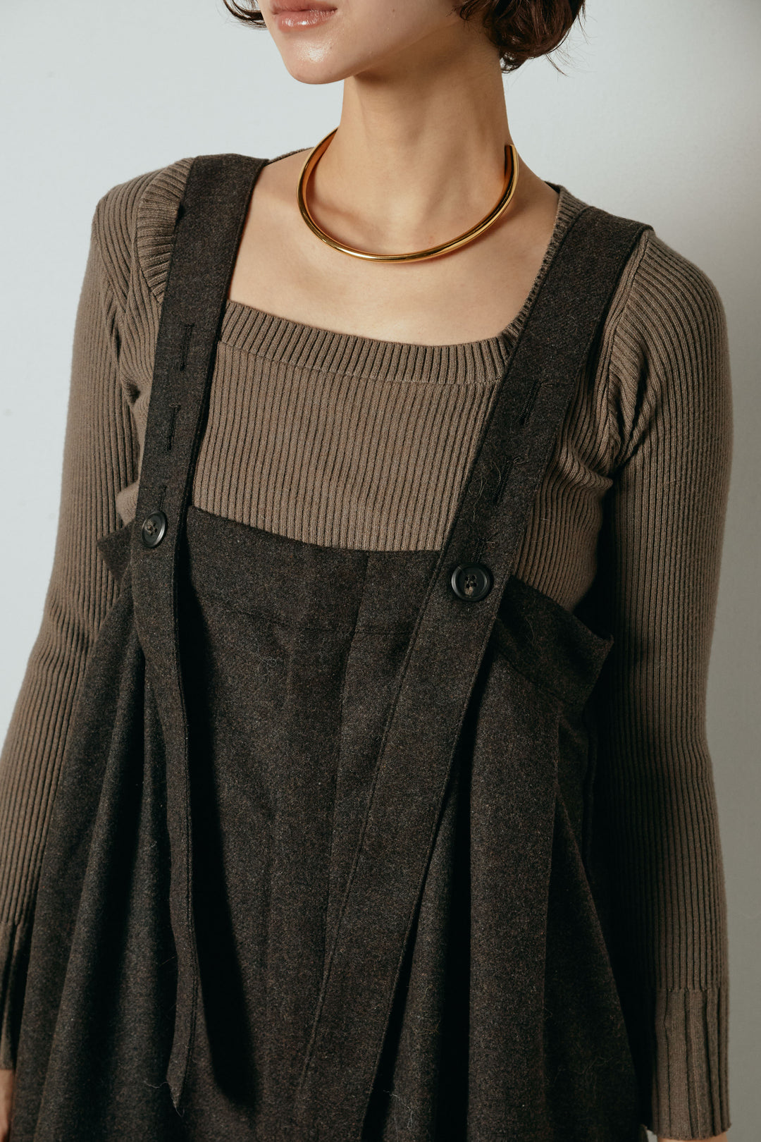 [SET]シャギーボーダー柄ニットカーディガン+ウール混フランネルワイドサロペット(2set)