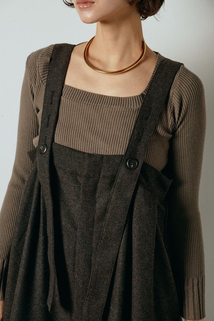 [SET]シャギーボーダー柄ニットカーディガン+ウール混フランネルワイドサロペット(2set)