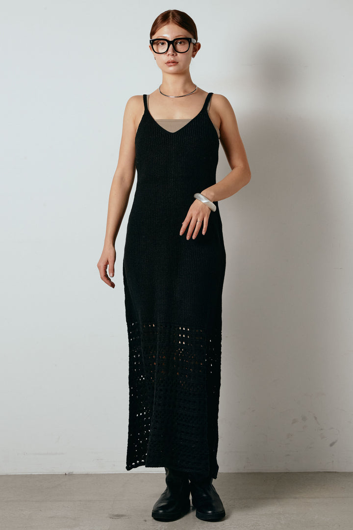 [SET]シャギーニュアンス柄ニットカーディガン+裾透かし編みキャミソールニットワンピース(2set)