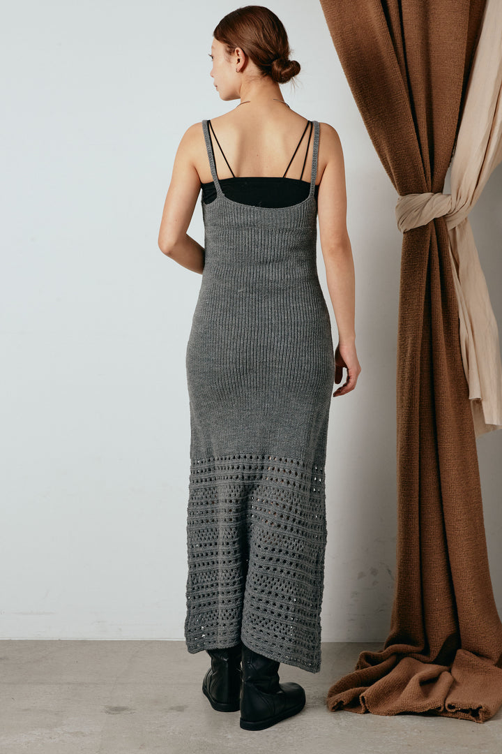 [SET]シャギーニュアンス柄ニットカーディガン+裾透かし編みキャミソールニットワンピース(2set)