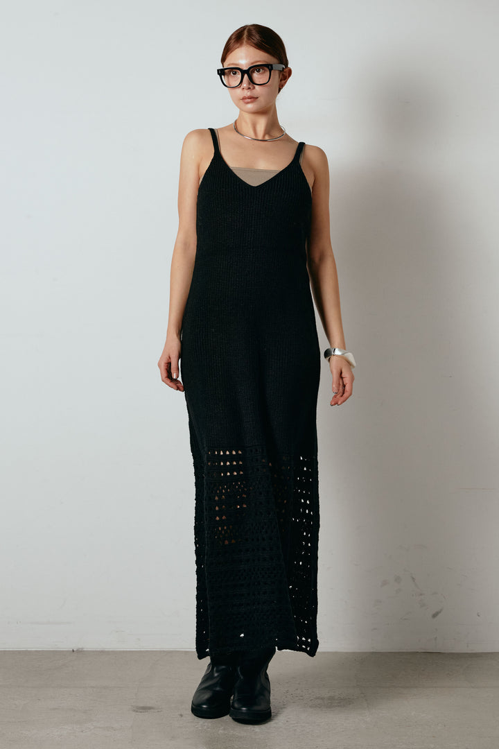 [SET]シャギーニュアンス柄ニットカーディガン+裾透かし編みキャミソールニットワンピース(2set)