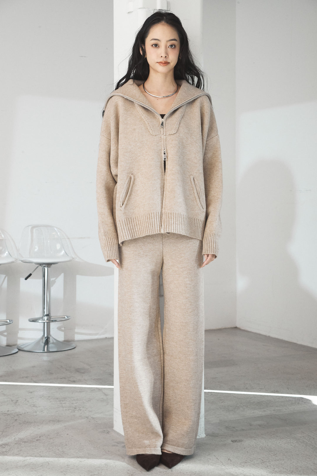 【着回しセット】[SET]ファー付きフーディーニットSETUP+ビッグカラーダブルジップニットSETUP(2set)