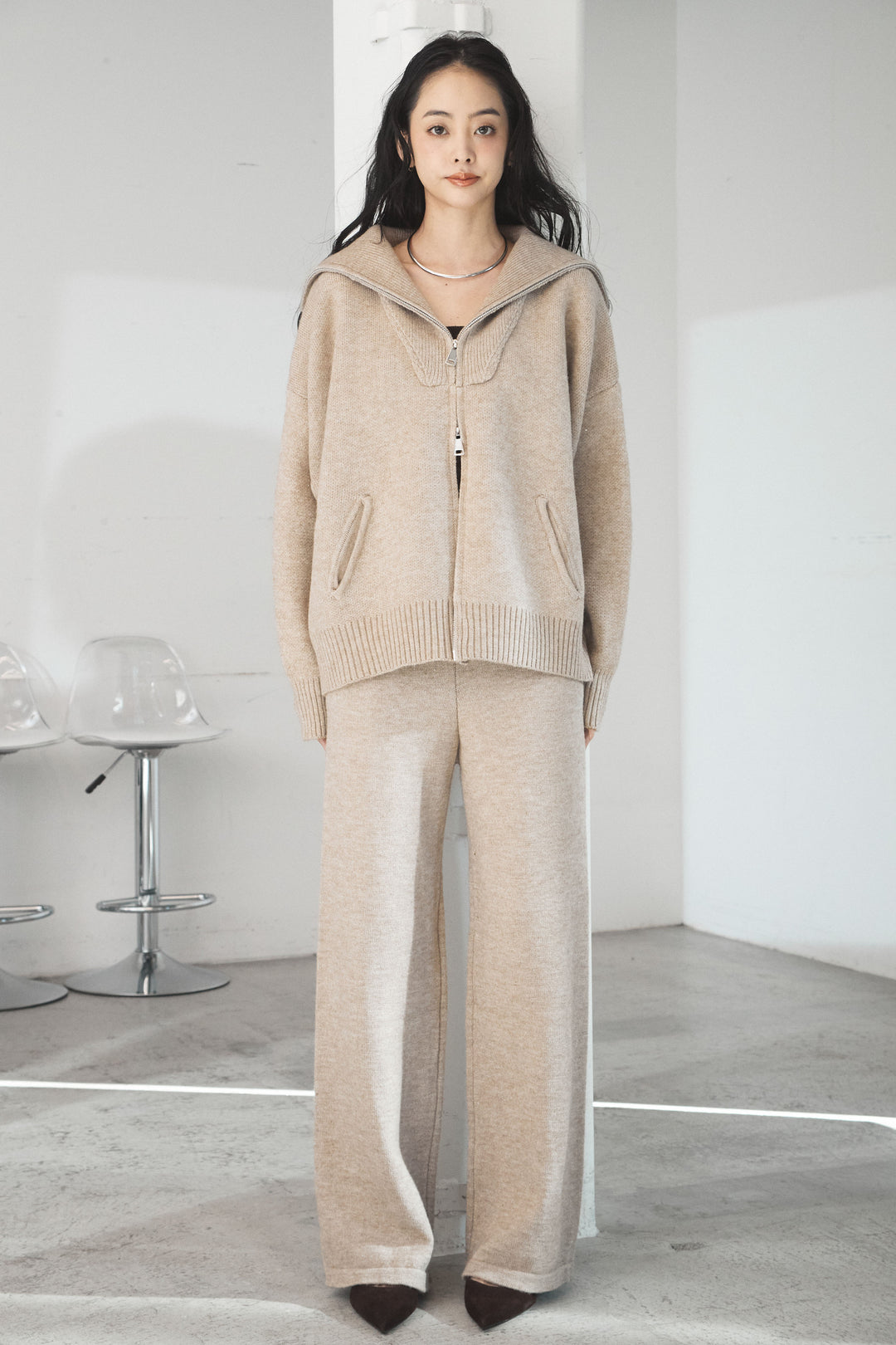 【着回しセット】[SET]ファー付きフーディーニットSETUP+ビッグカラーダブルジップニットSETUP(2set)