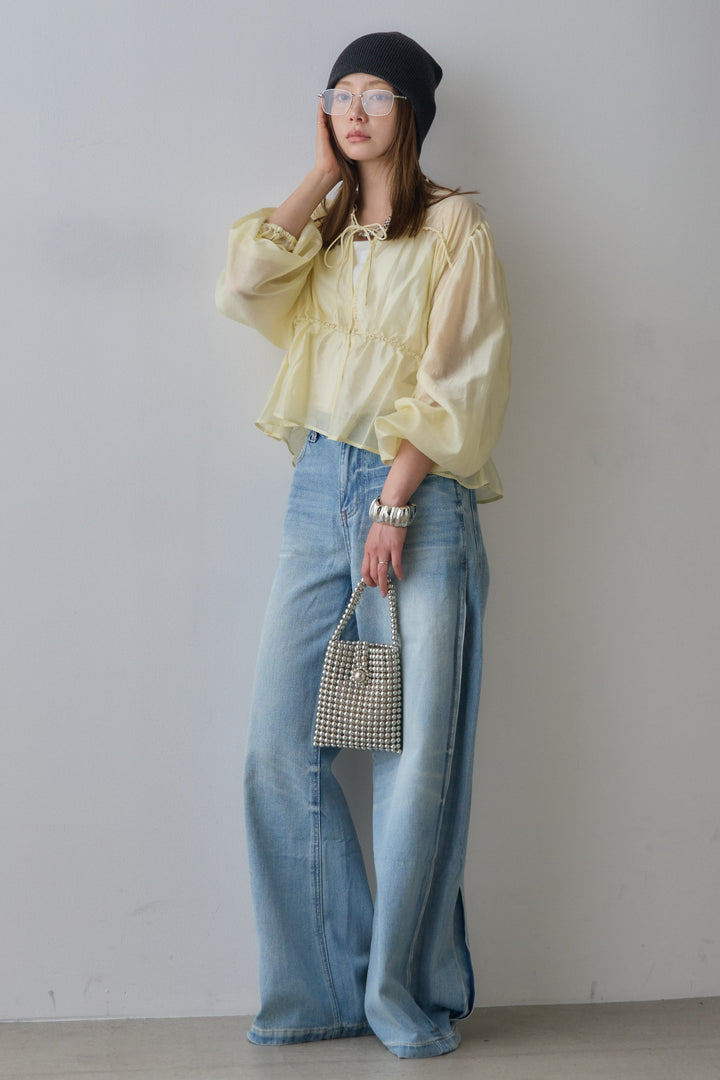 [SET]ウエストドロストシフォンブラウス+ストレートデニムパンツ(2set)
