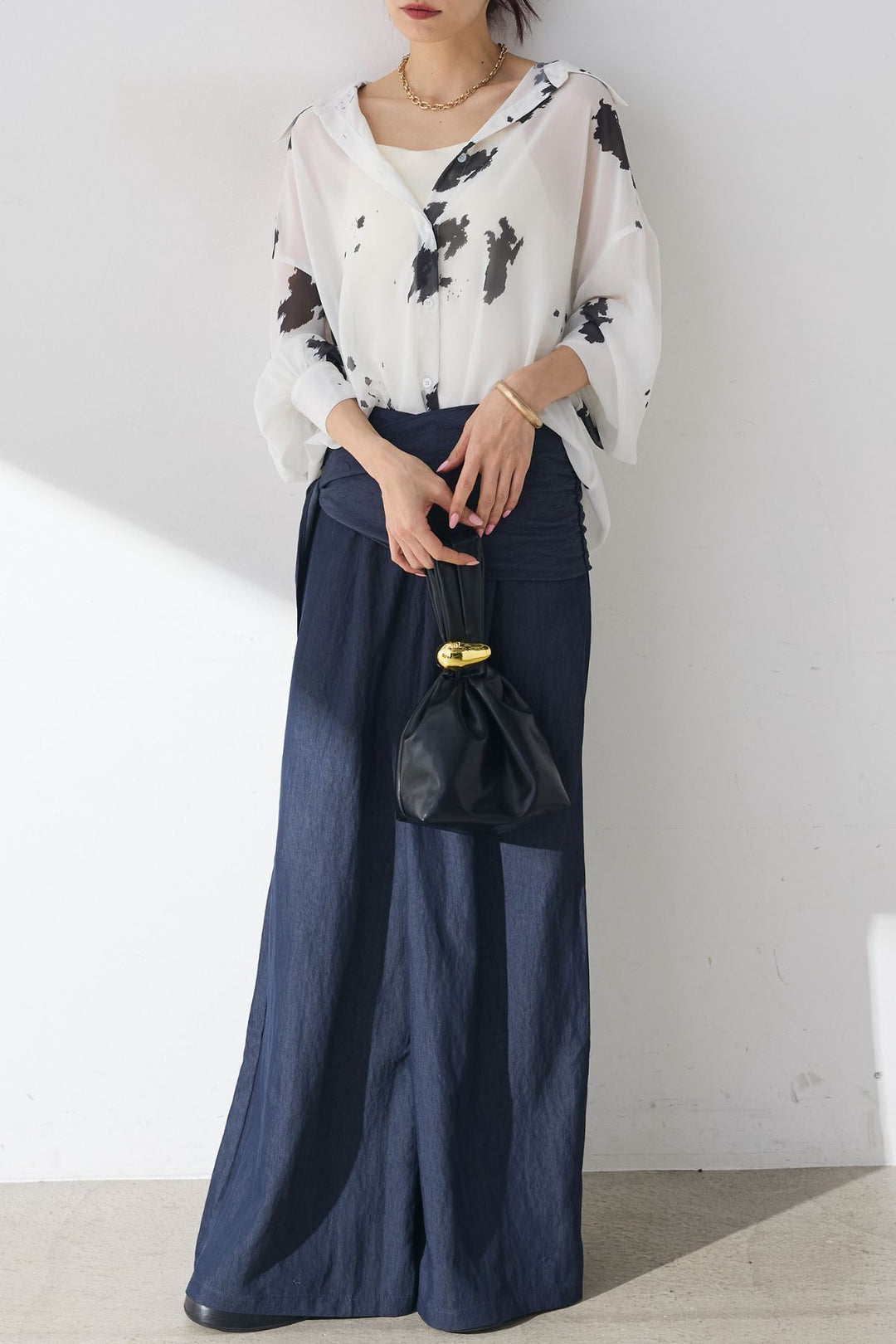 [SET]シアーカウ柄シャツ+サイドラップワイドパンツ(2set)