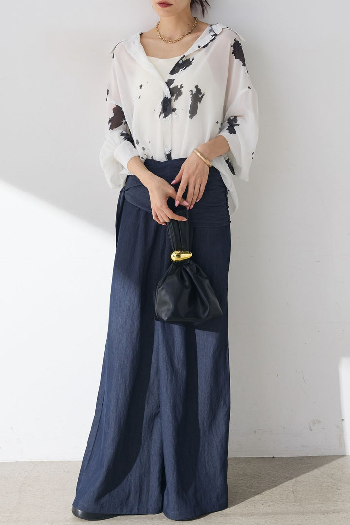 [SET]シアーカウ柄シャツ+サイドラップワイドパンツ(2set)