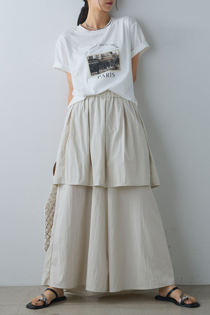 [SET]PARISフォトTシャツ+タックスカートドッキングフレアパンツ(2set)