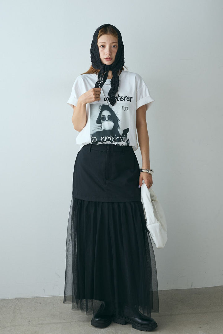 [SET]モノトーンフォトプリントTシャツ+切り替えデザインボリュームチュールスカート(2set)