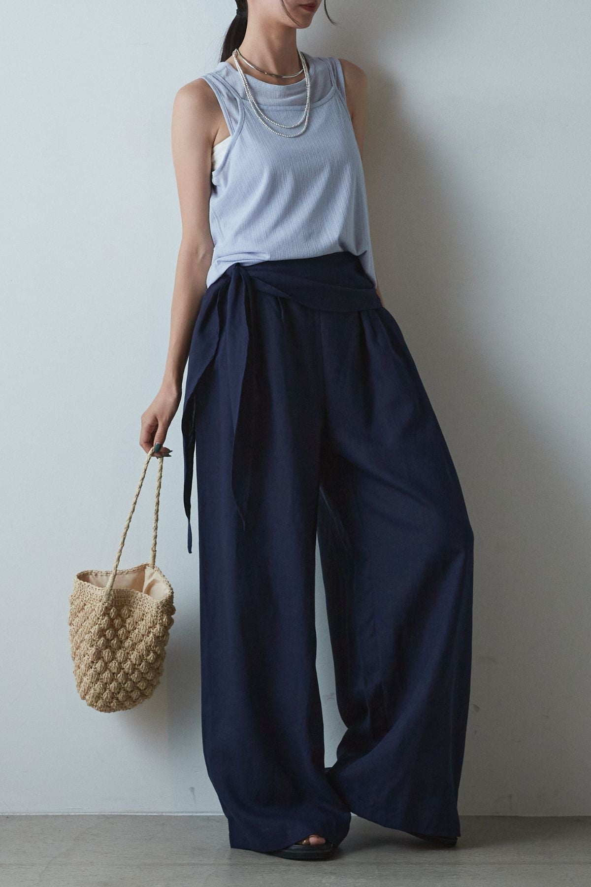 emic:etic サスペンダーパンツ リネン　サイズ2 SET]接触冷感シアーランダムリブデザインキャミタンク+リネン混巻き