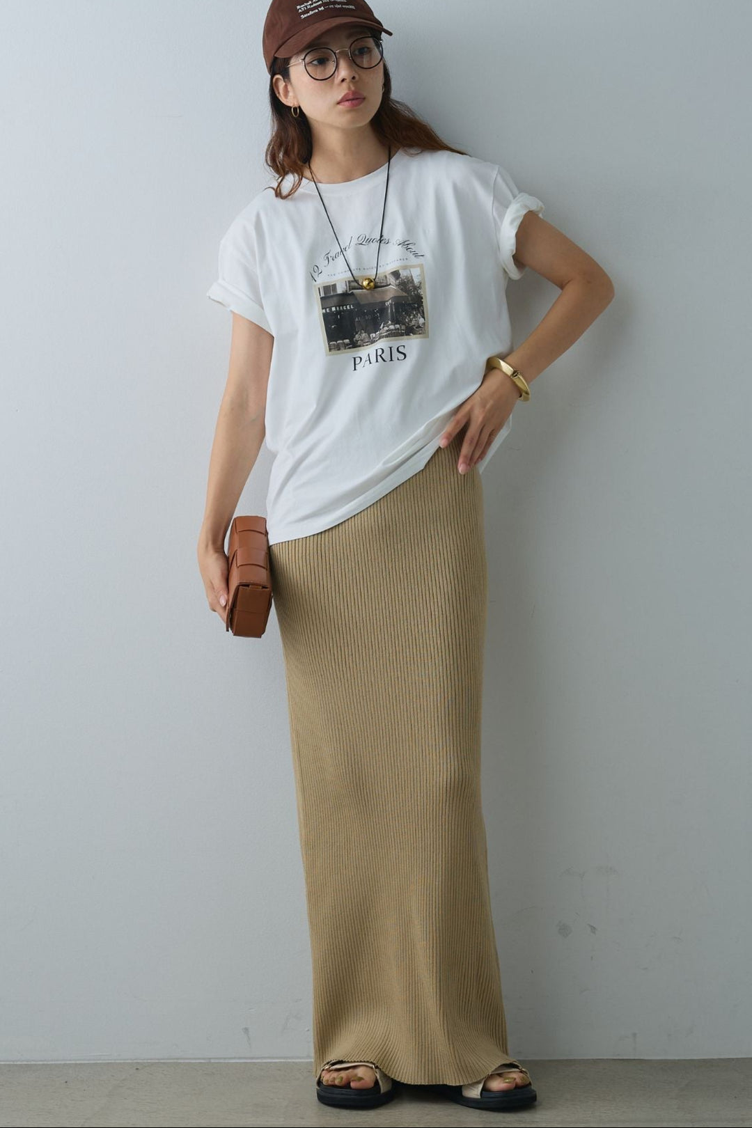 [SET]PARISフォトTシャツ+パッド付きスクエアネックリブニットワンピース(2set)