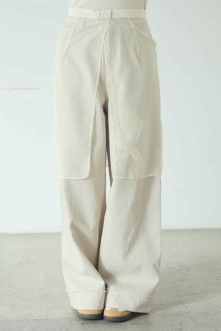 [SET]ミックスメッシュキーネックプルオーバー+シアーチュールレイヤードワイドパンツ(2set)