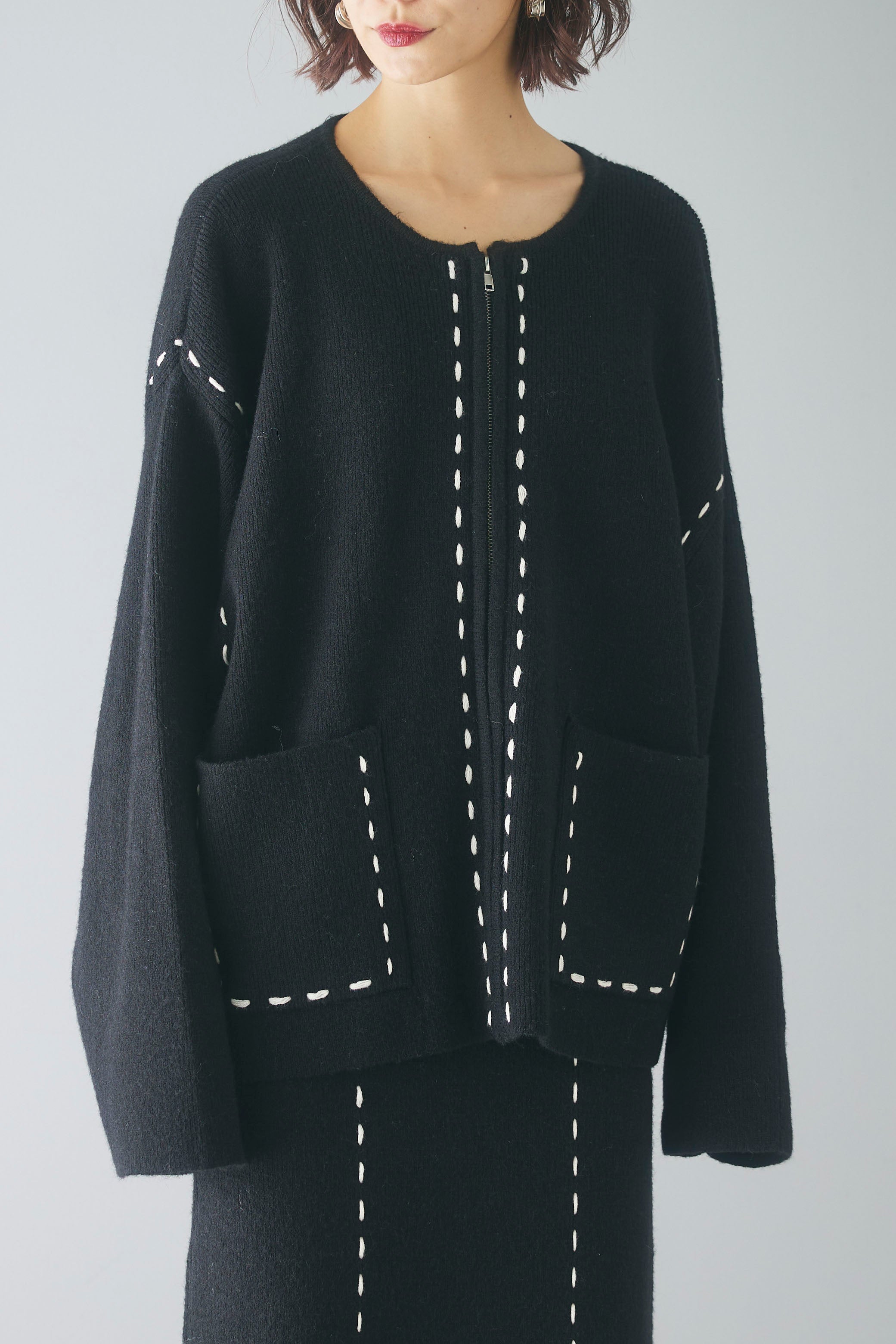 即納】ステッチ刺繍ニットカーディガン – ESICA