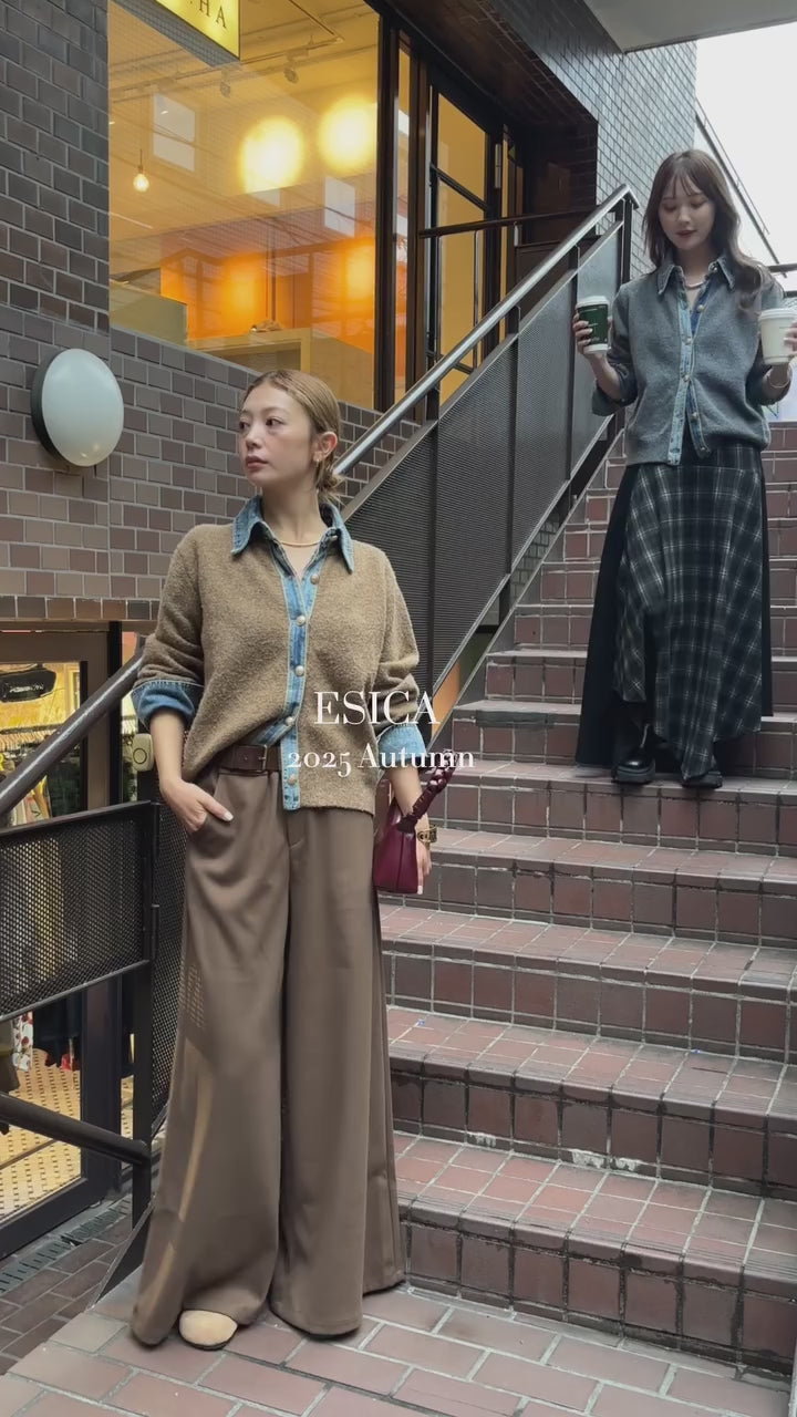 [SET]ニットドッキングデニムシャツ+フェイクレザーサイドベルトワイドパンツ+フェイクレザーベルト付き切り替えタータンチェックスカート(3set)