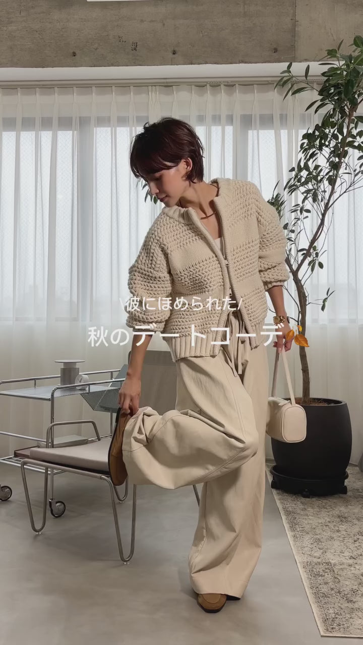 [SET]ライン編みダブルジップニットカーディガン+フェイクレザーカーブワイドパンツ(2set)